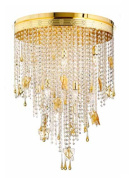 люстра с многоярусными подвесами из прозрачных и золотистых элементов