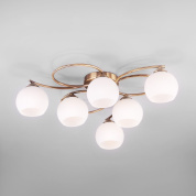 потолочная люстра с шестью шарообразными матовыми стеклянными плафонами на изогнутых кронштейнах