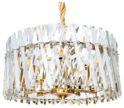 подвесная люстра с хрустальными подвесами и золотистым кольцевым каркасом