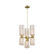 подвесная люстра с шестью рифлёными плафонами из стекла в золотистой оправе