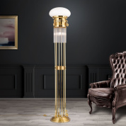 двухламповый торшер с цилиндрическим стеклянным плафоном на декоративных золотых стойках