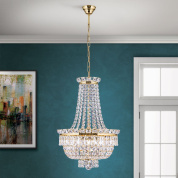 подвесная хрустальная люстра вытянутой формы на металлическом каркасе