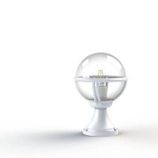 садовый светильник с прозрачным плафоном на белой подставке