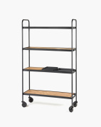 напольный стеллаж на колесах с металлическим каркасом и деревянными полками