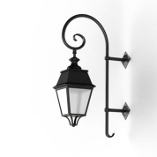 настенный уличный фонарь на изогнутом кронштейне с прозрачным плафоном и черным корпусом