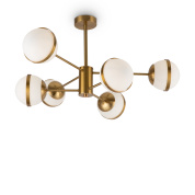 подвесной светильник с шестью шаровыми плафонами из белого стекла на латунной арматуре