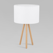 настольная лампа на деревянной треноге с цилиндрическим абажуром