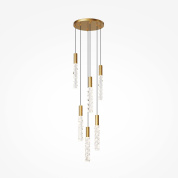 подвесная люстра с вытянутыми стеклянными плафонами цвета латунь