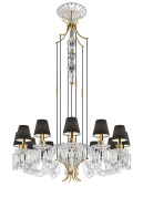 многорожковая подвесная люстра с текстильными абажурами и стеклянными элементами