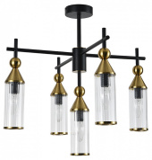 потолочная люстра с пятью вытянутыми стеклянными плафонами на черной металлической штанге