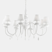 подвесная люстра с восьмью рожками и белыми абажурами в классическом стиле