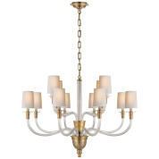 подвесная двухъярусная люстра с рожками и текстильными абажурами