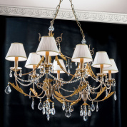 многорожковая подвесная люстра с овальной композицией абажуров и кристаллами