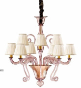 многорожковая подвесная люстра с текстильными абажурами и декоративной резной арматурой