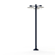 двухрожковый уличный фонарный светильник с прозрачными плафонами и синей опорой