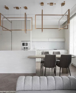 Современная классика проекта кухни-гостиной с геометричным светильником Frame Aromas del Campo - 7