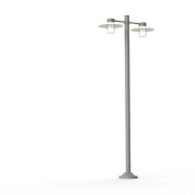 двухрожковый фонарный уличный светильник с прозрачными плафонами и серой опорой