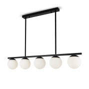 подвесной линейный светильник с пятью белыми шарами и чёрной планкой