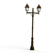 двойной уличный фонарный столб с матовыми плафонами и корпусом под бронзу