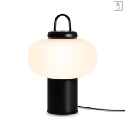 настольная лампа с шарообразным плафоном из опалового стекла и черным основанием