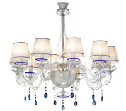 подвесная люстра с десятью стеклянными рожками и текстильными абажурами с подвесками