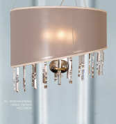 подвесная люстра с овальным текстильным абажуром и подвесками из кристаллов