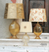 настольная лампа с полупрозрачным стеклянным основанием и текстильным абажуром