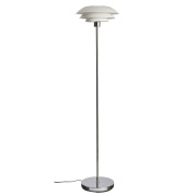 напольный торшер с белым многослойным плафоном и тонкой металлической стойкой