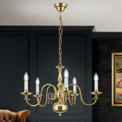 потолочная люстра с пятью свечеподобными рожками на латунной раме