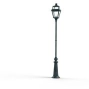 уличный фонарный столб тёмно-зелёного цвета с металлическим корпусом и стеклянным фонарём