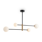 потолочный светильник с пятью матовыми шарами на пересекающихся черных штангах