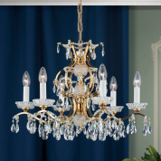подвесная хрустальная люстра с шестью рожками и каскадом гранёных подвесок в золотом оформлении