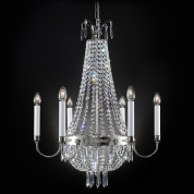 хрустальная люстра с шестью рожками и высоким ниспадающим каскадом в серебристом оттенке