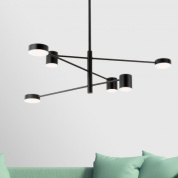 потолочная люстра с шестью цилиндрическими плафонами на чёрной металлической конструкции