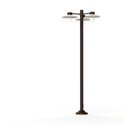 двухрожковый уличный фонарный светильник с прозрачными плафонами и коричневой опорой