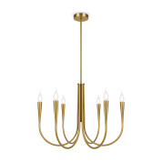 подвесная люстра с шестью рожками и лампами в виде свечей на латунной штанге