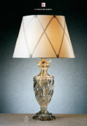 настольная лампа с рельефным стеклянным корпусом и конусным текстильным абажуром