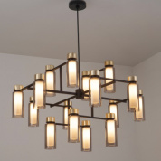 подвесная люстра с шестнадцатью плафонами из матового стекла и черным каркасом