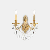 двухрожковое настенное бра с хрустальными подвесками и декоративной арматурой из золота