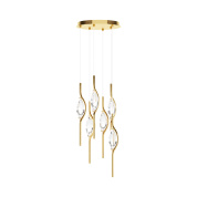 подвесная люстра с пятью декоративными плафонами цвета латунь