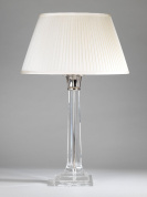 настольная лампа-колонна из стекла с никелевыми элементами и тканевым абажуром