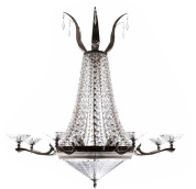 подвесная люстра с множеством стеклянных подвесов и изогнутыми рожками