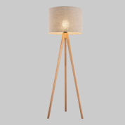 напольный торшер на деревянной треноге с цилиндрическим текстильным абажуром