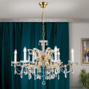 шестирожковая хрустальная люстра с многоярусной формой и кристальными подвесами