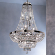 крупная подвесная хрустальная люстра с многоярусным каскадом кристаллов