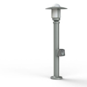 садовый светильник серого цвета с круглым плафоном и розеткой на стойке