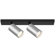 двухламповый потолочный светильник с белыми металлическими корпусами на черной штанге