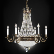 подвесная хрустальная люстра с каскадной «короной» и шестью боковыми рожками