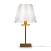 настольная лампа с белым абажуром и латунной стойкой на квадратном основании