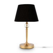 настольная лампа с чёрным тканевым абажуром и латунным основанием